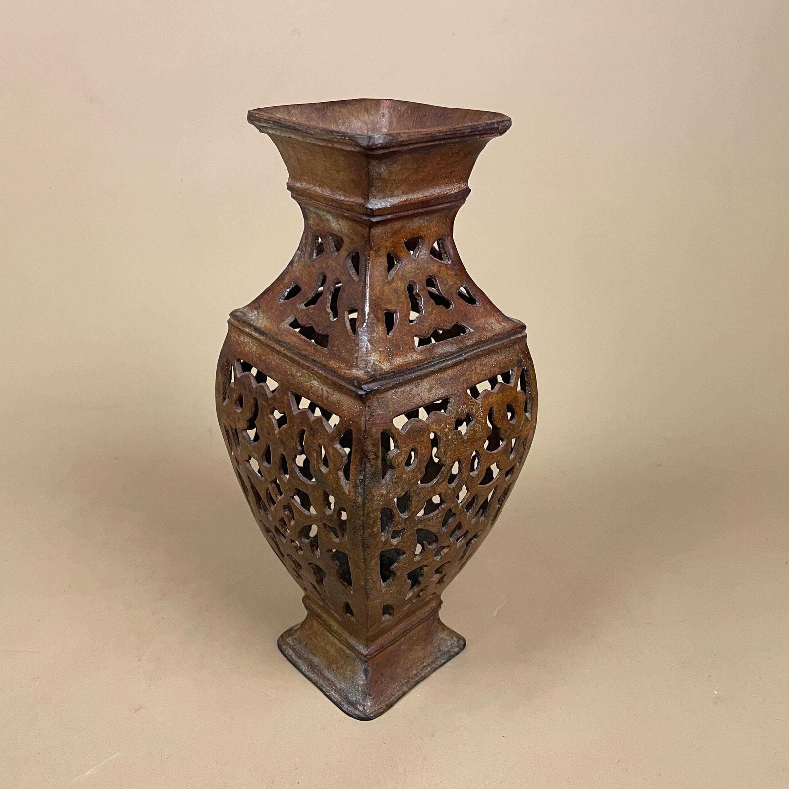 Metal Indian Patterned Pot Vase Jardiniere Asian Handmade Hollowed Out Pierced Intricate Vintage Urn Decorative Ornate Display Cut Out photo vinterior
