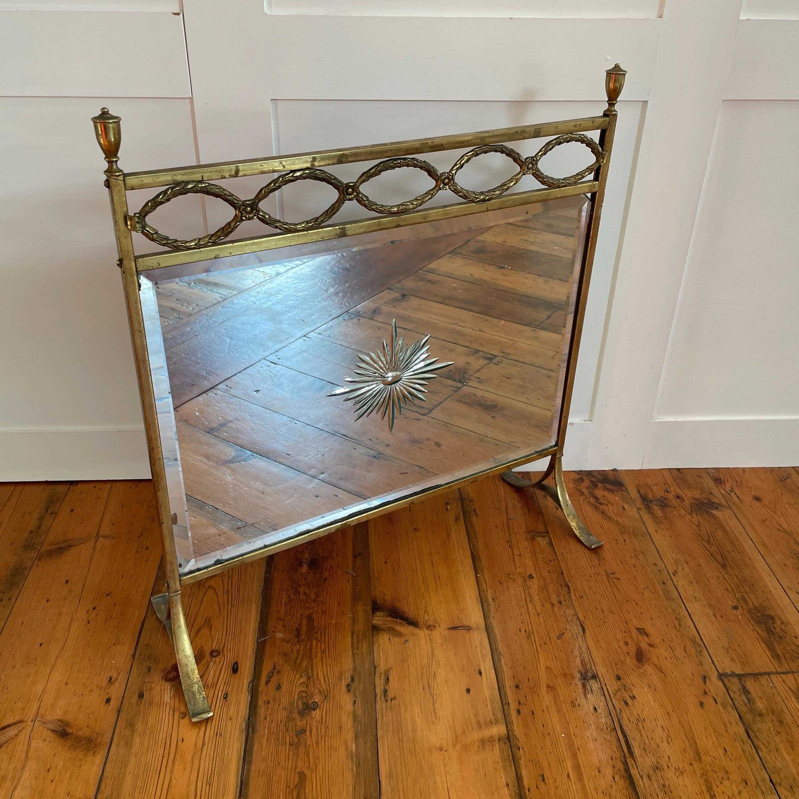 Antique Fireguard Fireplace Screen Gold Brass Metal Frame Vintage Fire Guard Mirror Victorian Ornate Freestanding Detail Art Deco