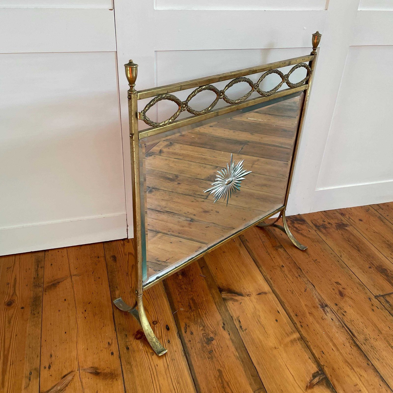 Antique Fireguard Fireplace Screen Gold Brass Metal Frame Vintage Fire Guard Mirror Victorian Ornate Freestanding Detail Art Deco photo furniture