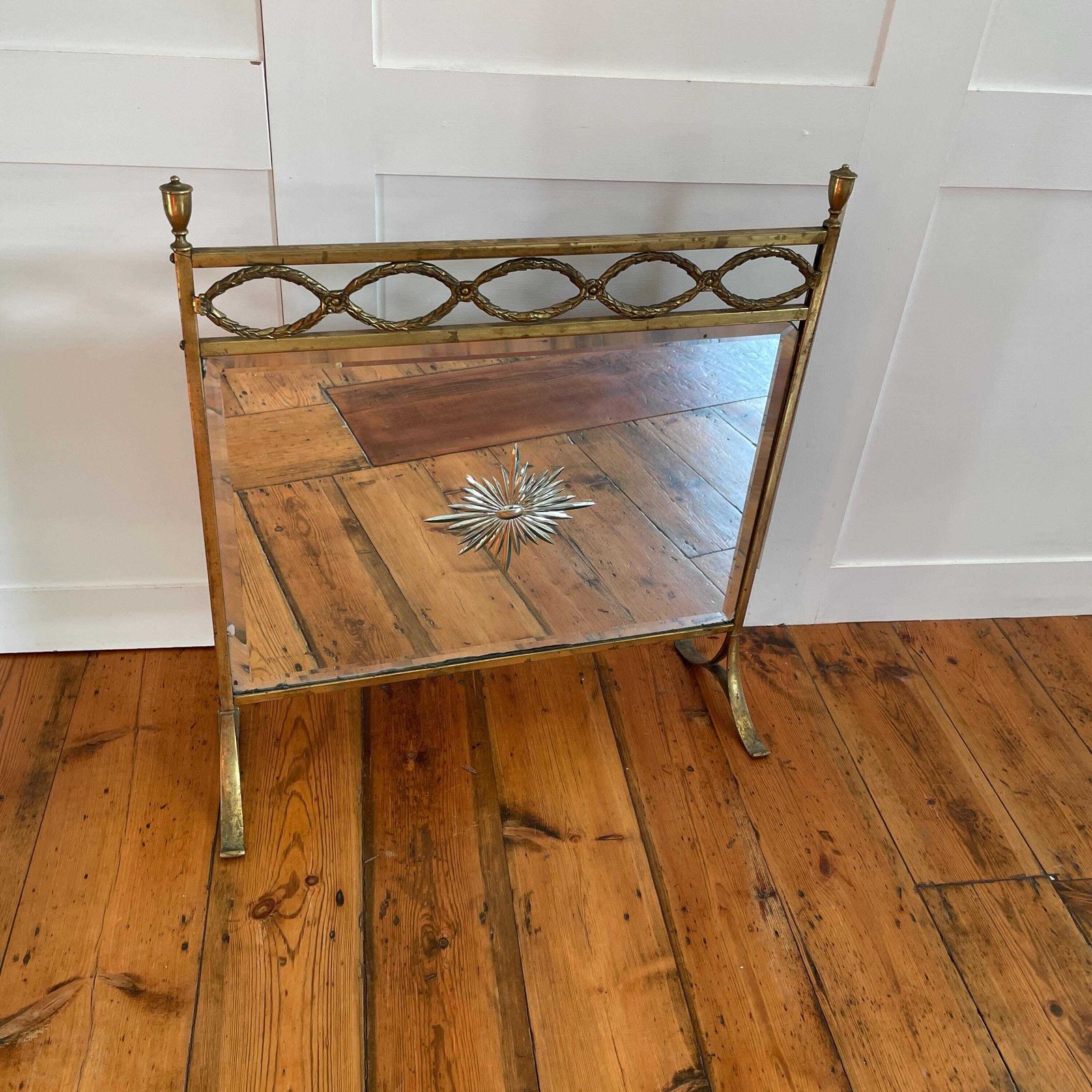 Antique Fireguard Fireplace Screen Gold Brass Metal Frame Vintage Fire Guard Mirror Victorian Ornate Freestanding Detail Art Deco photo Home Fixtures