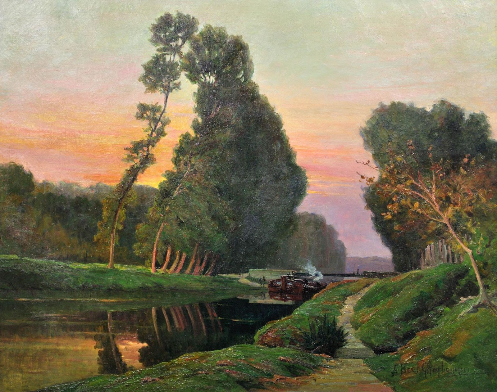 Claudia Bret Charbonnier 1863 To 1951. A Barge Carrying Barrels Of Wine On The Canal Du Midi. Framed 1920s Oil Painting. photo furniture