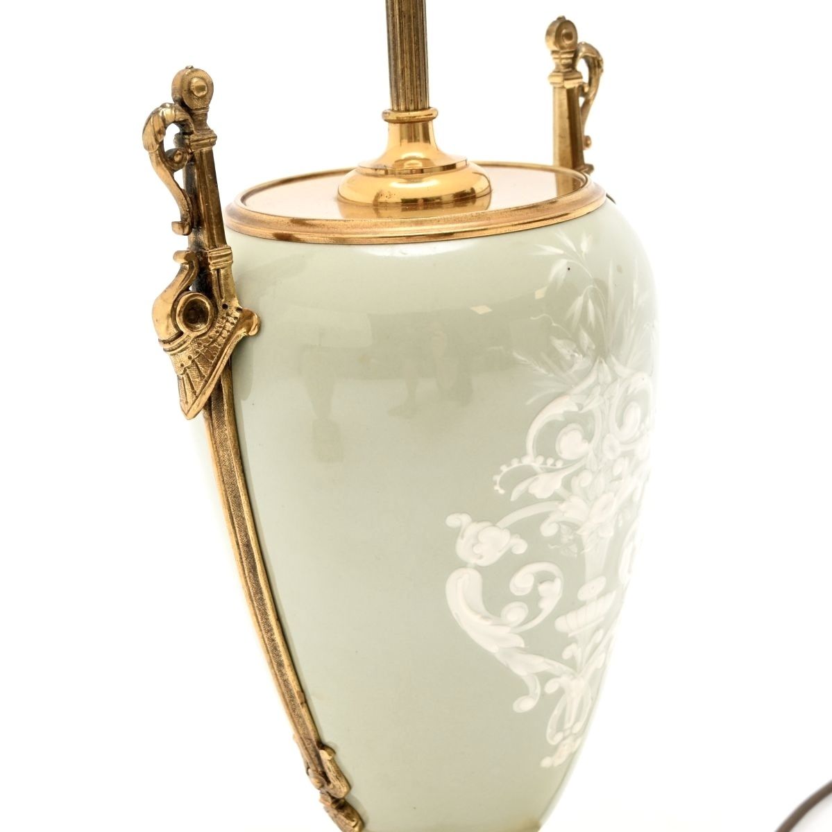 photo for sale Pair Of Antique French Ceramic Gilt Metal Table Lamps