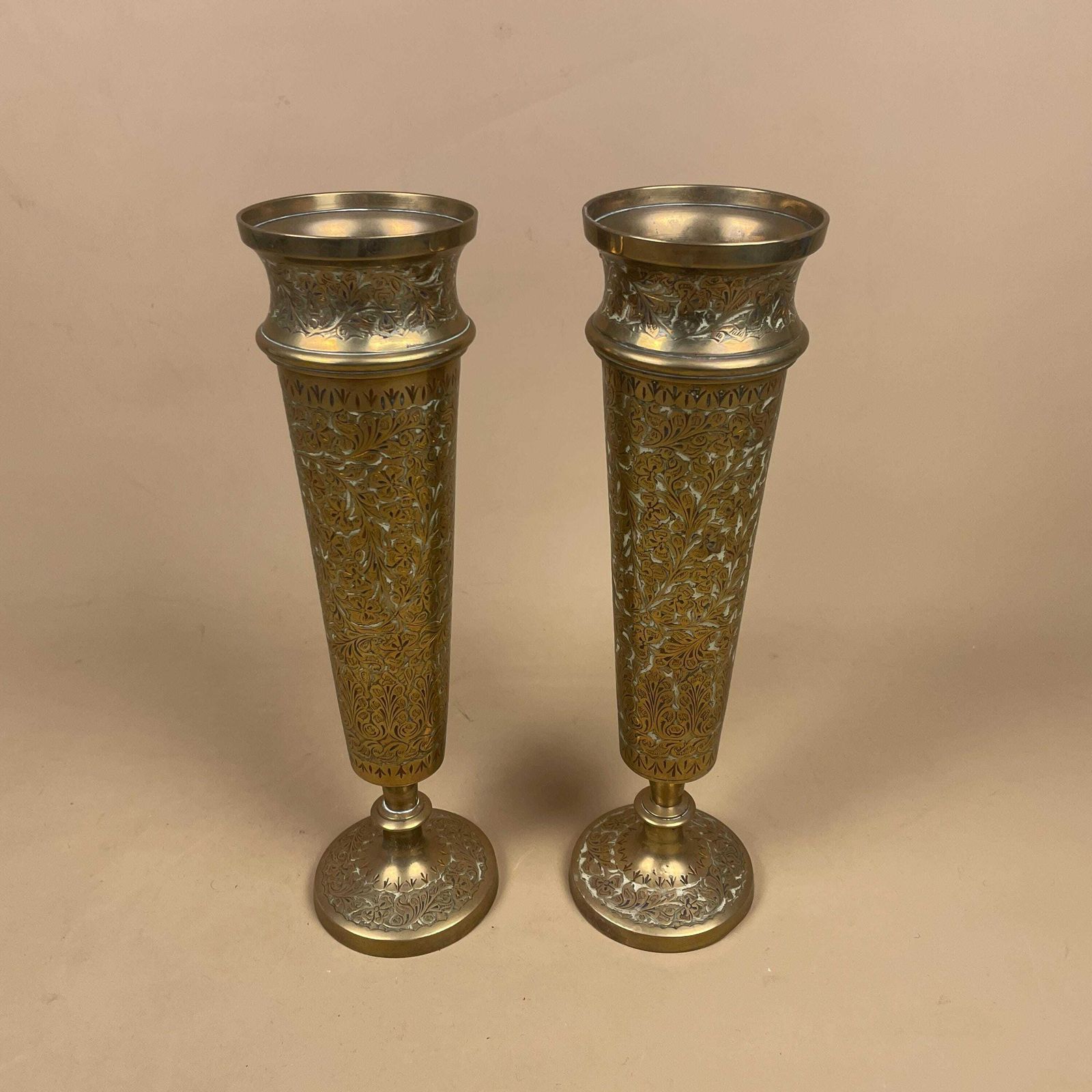 Pair Of Antique Metal Gold Indian Patterned Brass Plant Pot Vase Jardiniere Handmade Engraved Etched Intricate Vintage Decorative Asian