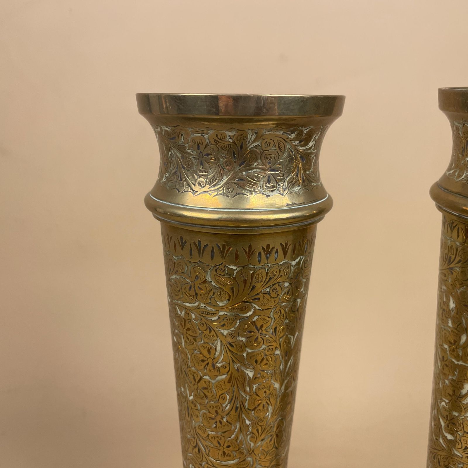 Pair Of Antique Metal Gold Indian Patterned Brass Plant Pot Vase Jardiniere Handmade Engraved Etched Intricate Vintage Decorative Asian photo for sale