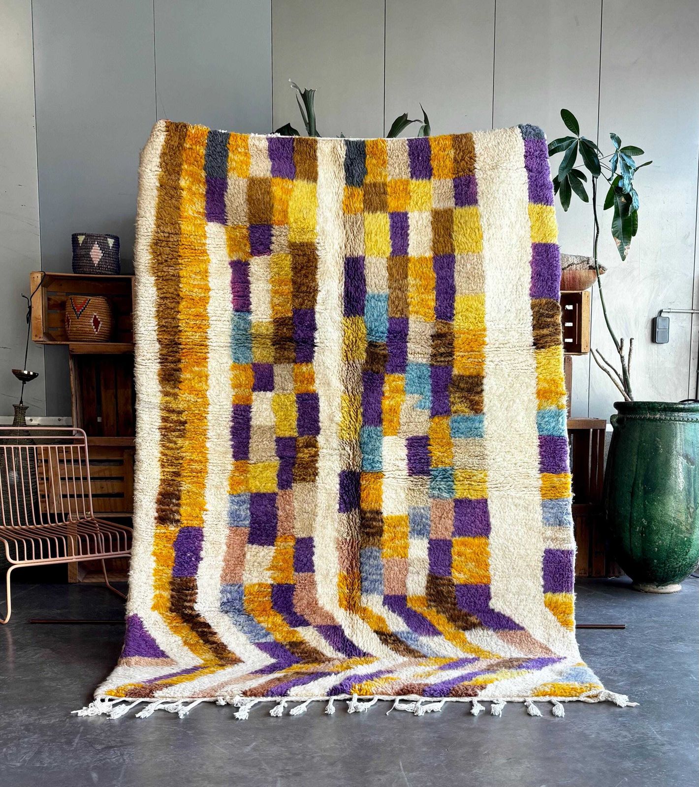 Handmade Moroccan Colorful Wool Rug 165x250 Cm – Minimal Geometric Design – Beni Ourain Berber Area Rug – Modern Boho Home Decor