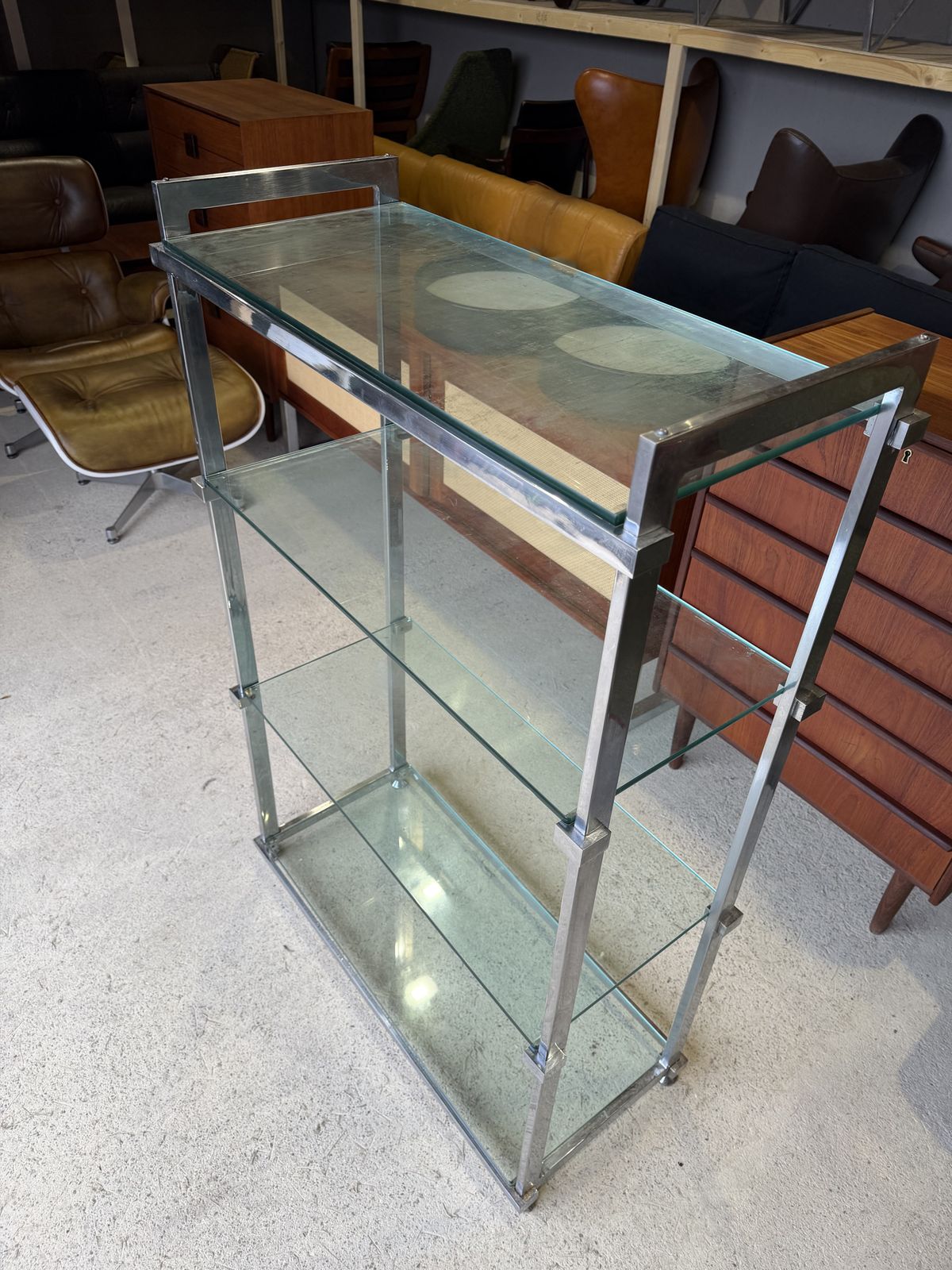 photo buy Mid Century Pieff Chrome And Glass Shelving Unit 1970s
