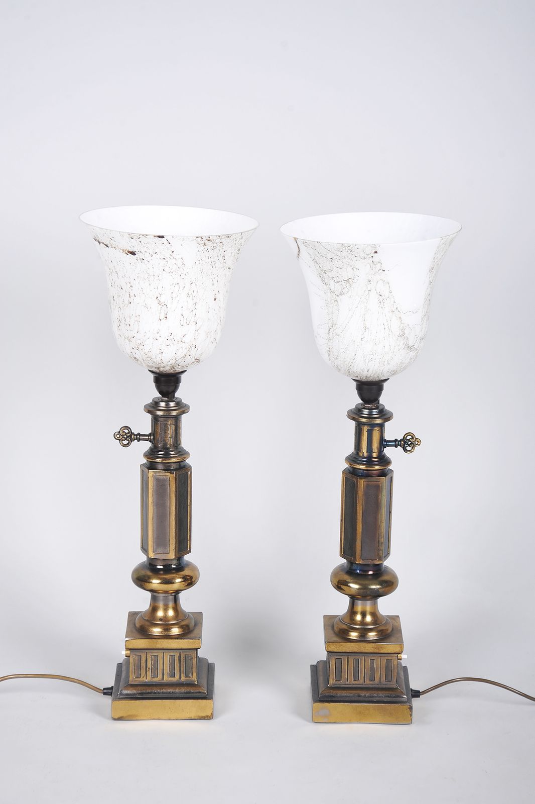 Pair Of Restored Mid Century Table Lamps, Brass, Marble Glass, France, 1950s