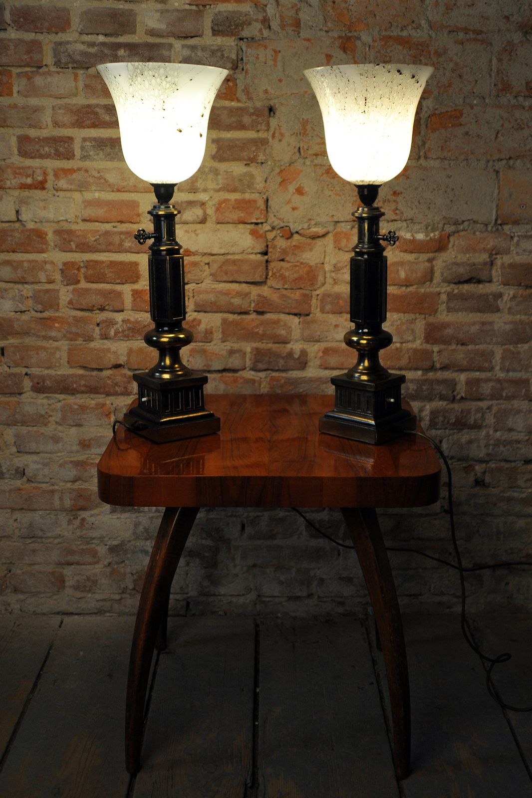 Pair Of Restored Mid Century Table Lamps, Brass, Marble Glass, France, 1950s photo buy