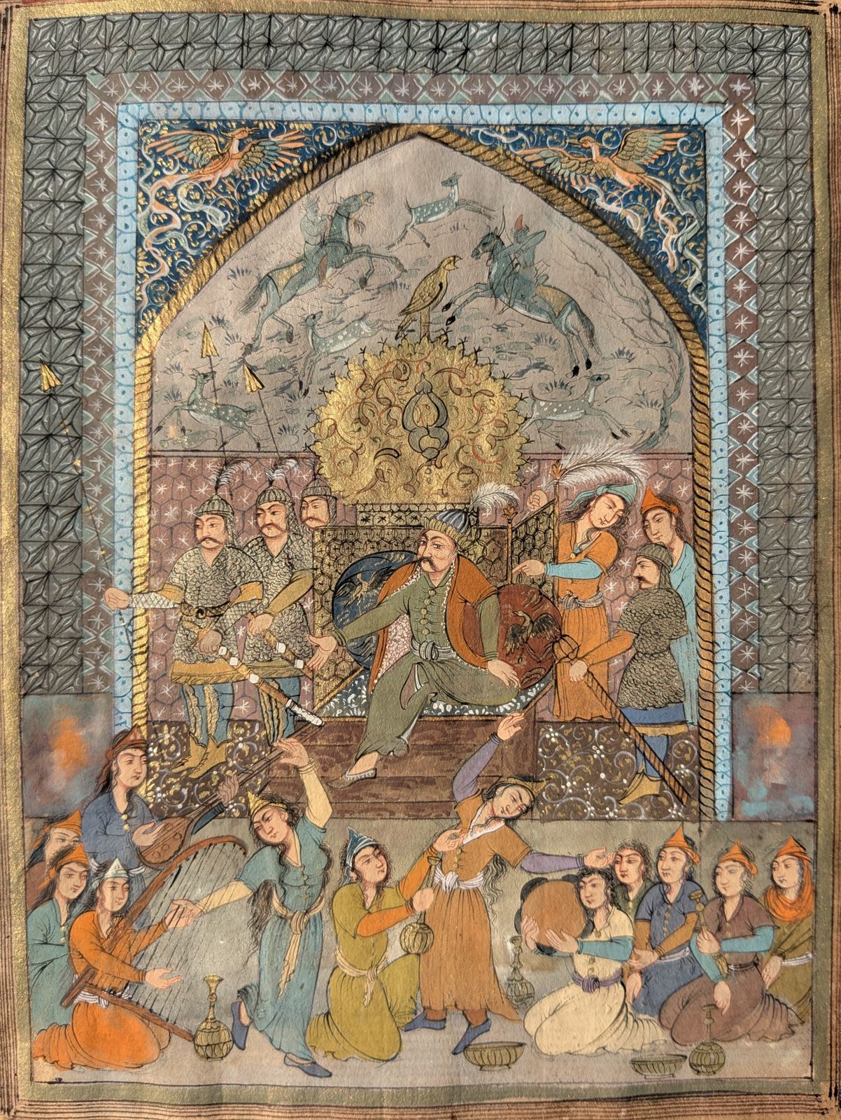 Framed Miniature Painting In Timurid Style On Antique Manuscript Folio photo for sale
