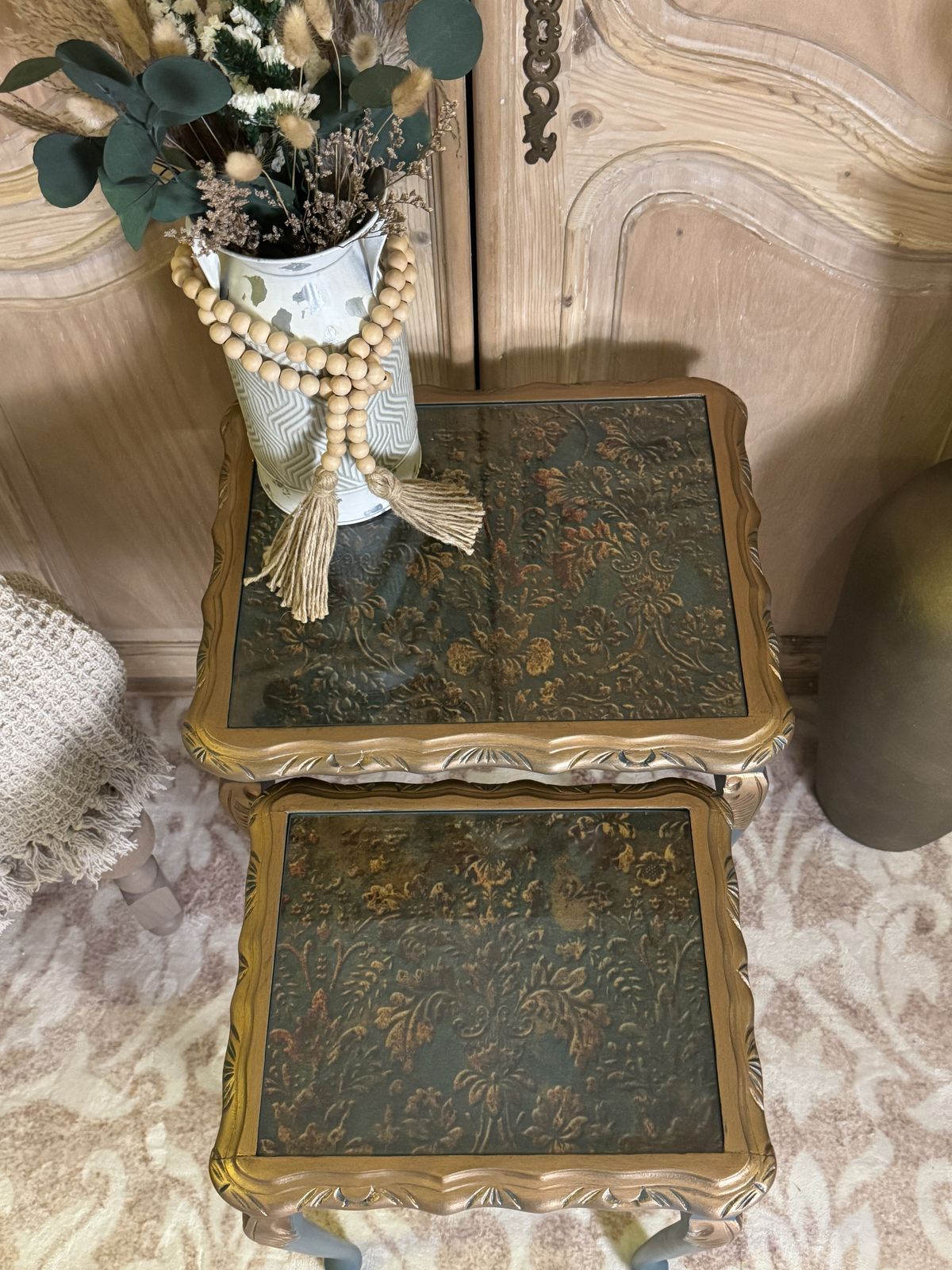 Vintage Mahogany Nest Of 2 Tables – Hand Painted & Decoupaged photo vinterior