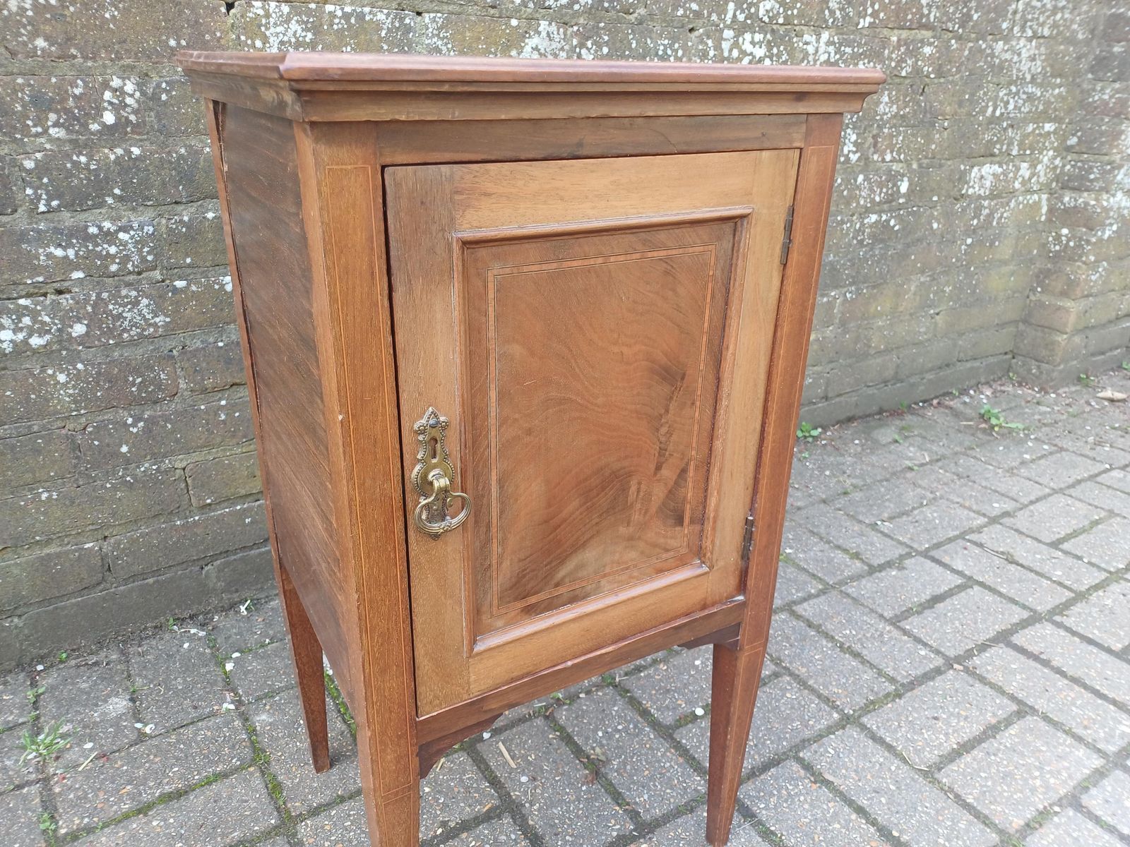 Edwardian Inlaid Mahogany Bedside Cabinet Antique Pot Cupboard Nightstand Vintage Bedside Table Brass Handle Storage Stripped Oiled Top photo for sale