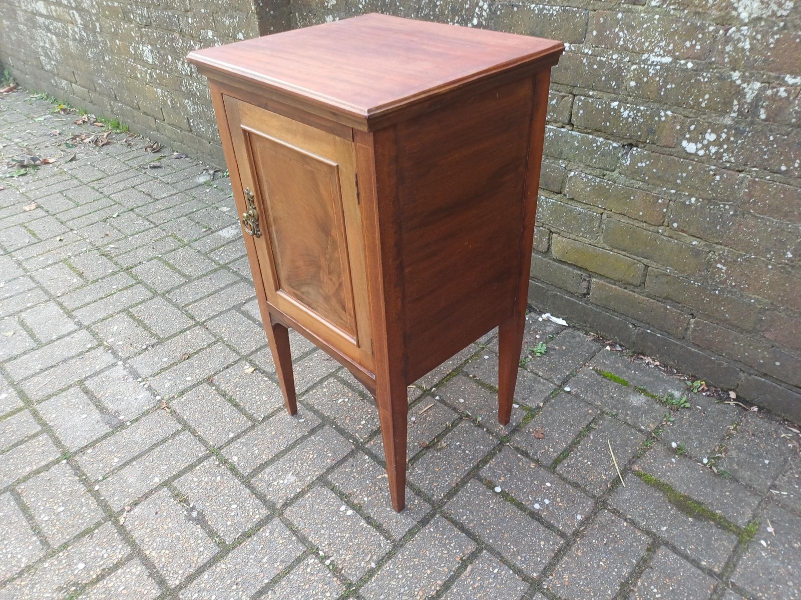 photo for sale Edwardian Inlaid Mahogany Bedside Cabinet Antique Pot Cupboard Nightstand Vintage Bedside Table Brass Handle Storage Stripped Oiled Top