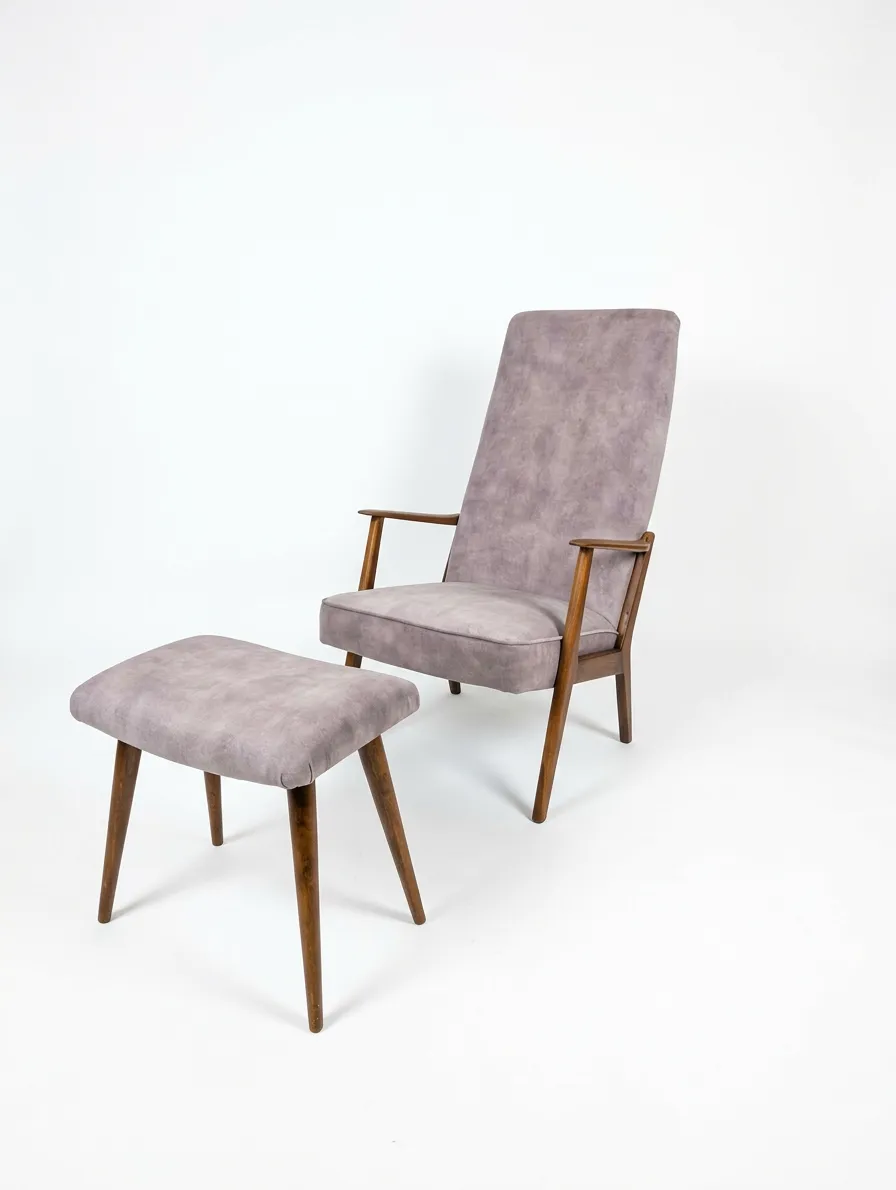 Mid‑Century Swedish High‑Back Lounge Chair & Footstool, Newly Reupholstered