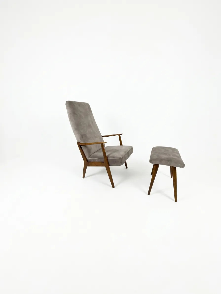 Mid‑Century Swedish High‑Back Lounge Chair & Footstool, Newly Reupholstered photo for sale