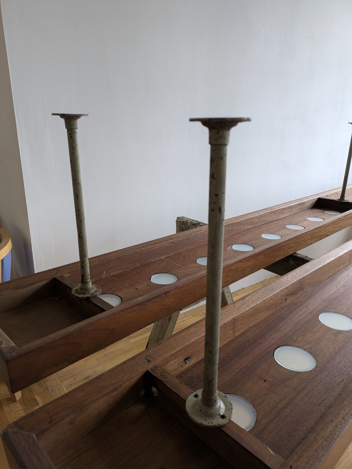 Pair Of Exceptional 3.5m Afromosia Modernist Sanctuary Lights Attributed To John Clague, 1963 photo for sale