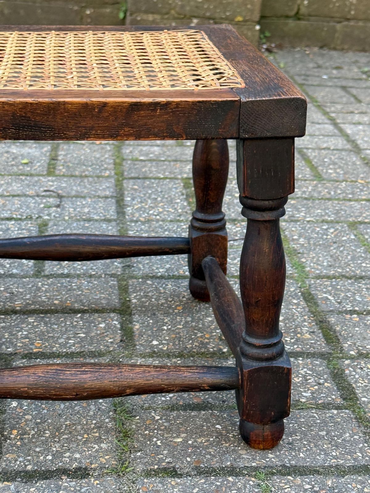 110.0 Vintage 1930s Oak Stool With Handwoven Cane Seat, Arts And Crafts Style photo
