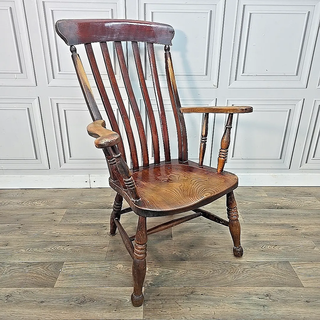 Antique Windsor Elbow Chair Lath Back Armchair Solid Wood Elm Victorian Seat