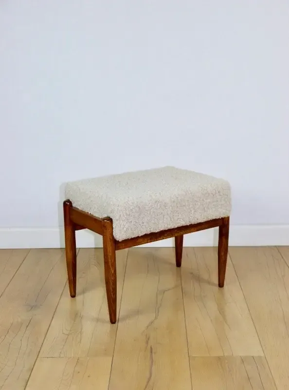 Edmund Homa Stool, Cream Ivory Seat, Beige Boucle, Long Pile, Lambskin photo Furniture