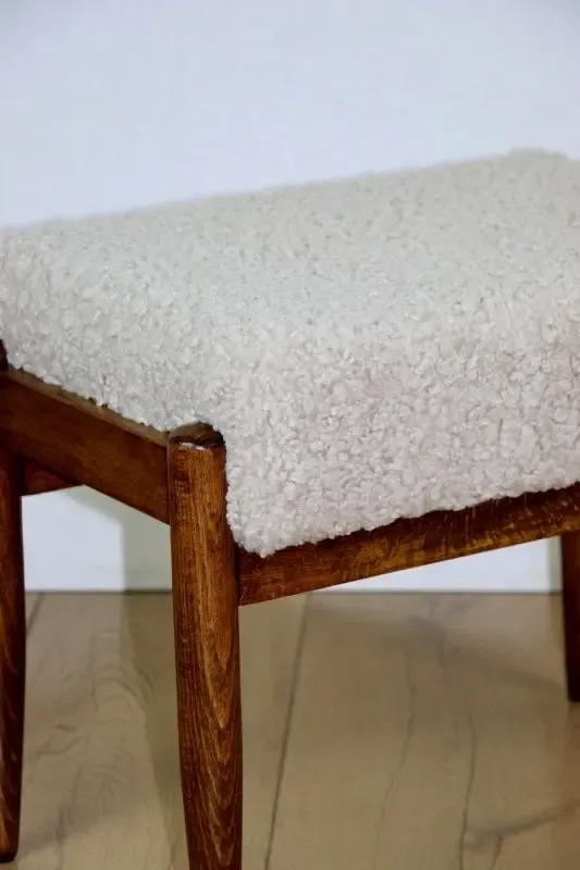 Edmund Homa Stool, Cream Ivory Seat, Beige Boucle, Long Pile, Lambskin photo 264.0
