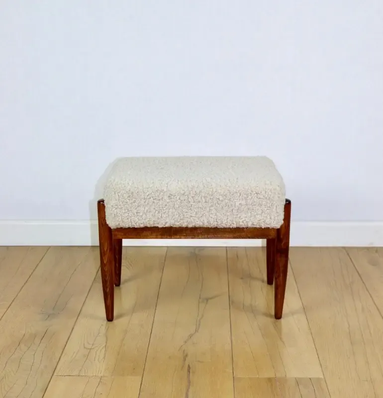 Edmund Homa Stool, Cream Ivory Seat, Beige Boucle, Long Pile, Lambskin photo buy