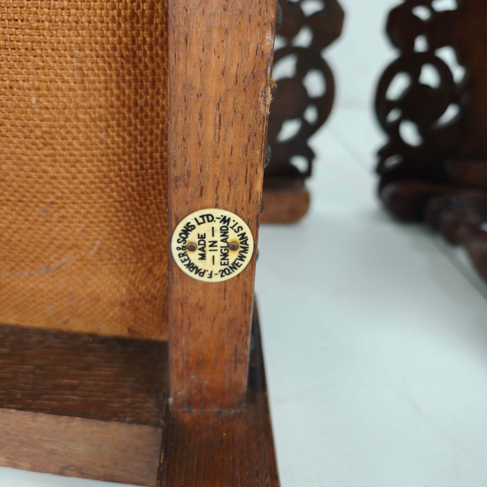 photo furniture Pair Of English Antique Jacobean Monk Armchairs / Tables By F. Parker & Sons Ltd