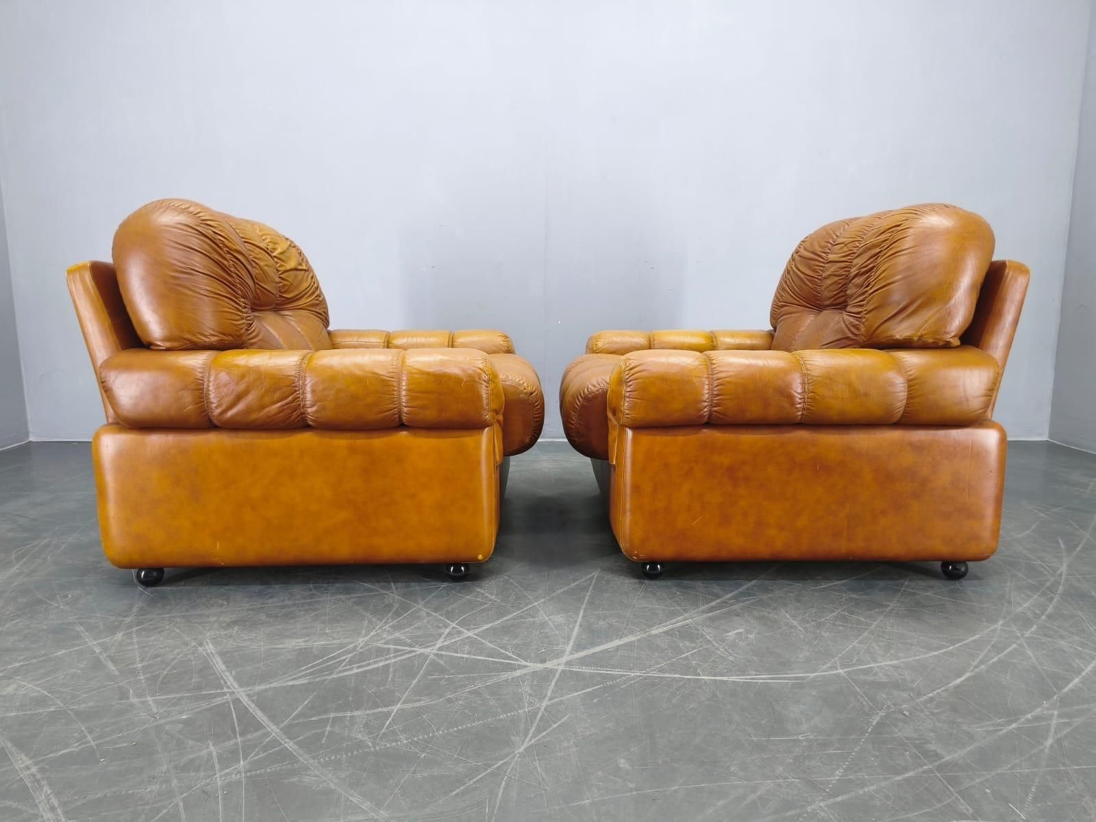 Pair Of Italian Mid Century Cognac Leather Lounge Armchairs, 1970s photo buy