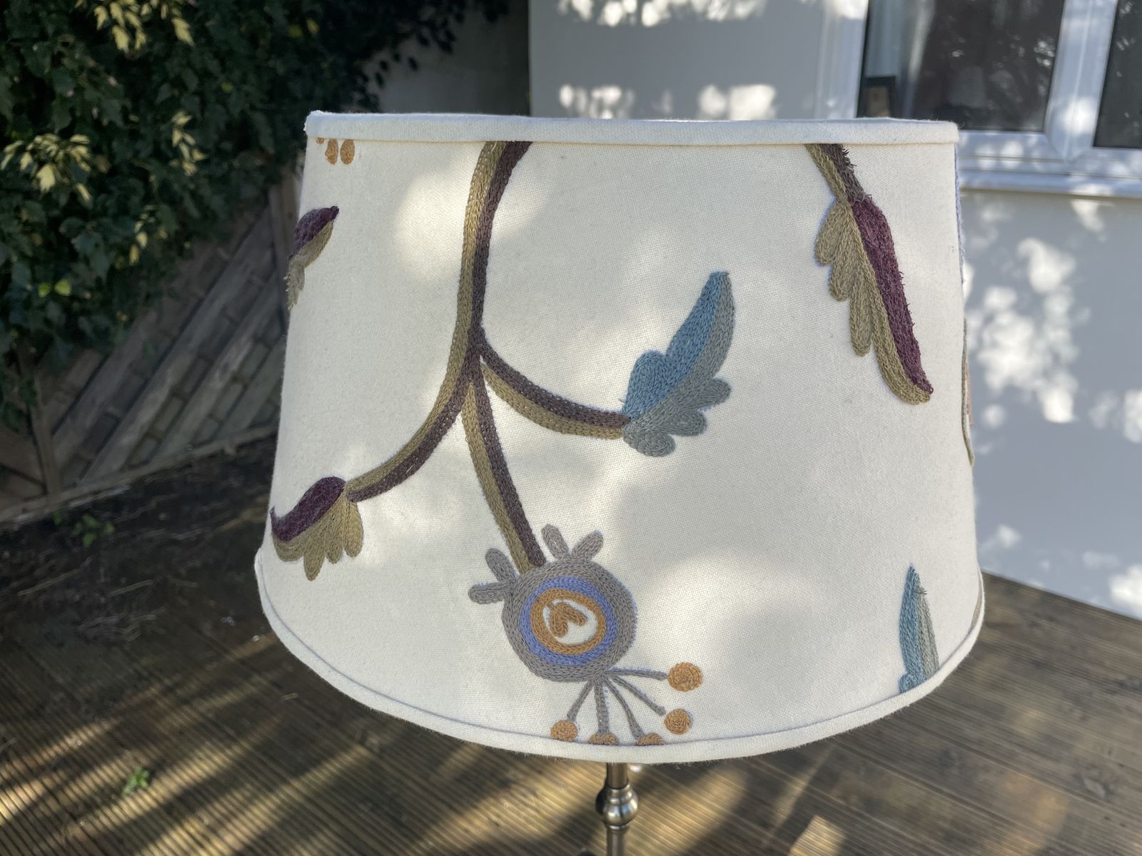 photo furniture Tall Pair Of Pewter Table Lamps With Exquisite Embroidered Lampshades.