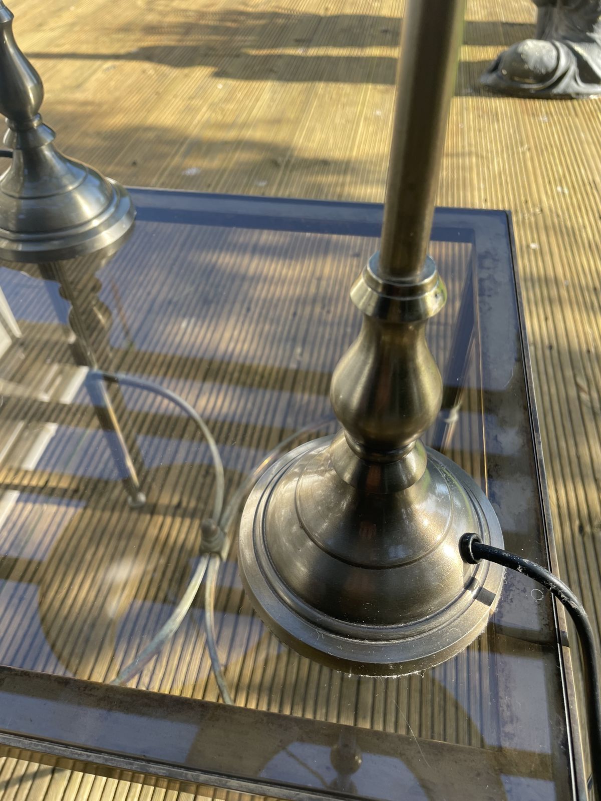 photo for sale Tall Pair Of Pewter Table Lamps With Exquisite Embroidered Lampshades.
