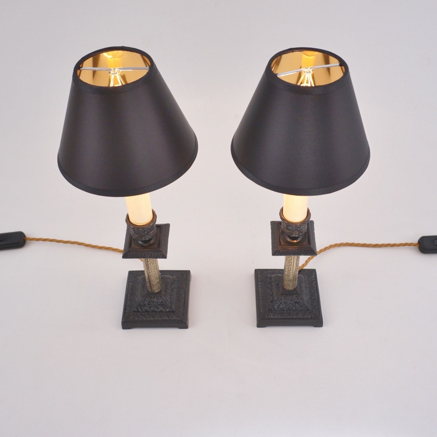 690.0 Pair Antique Candlestick Table Lamps, Aesthetic Movement, Iron & Brass, 1890`s Ca, English   Rewired photo
