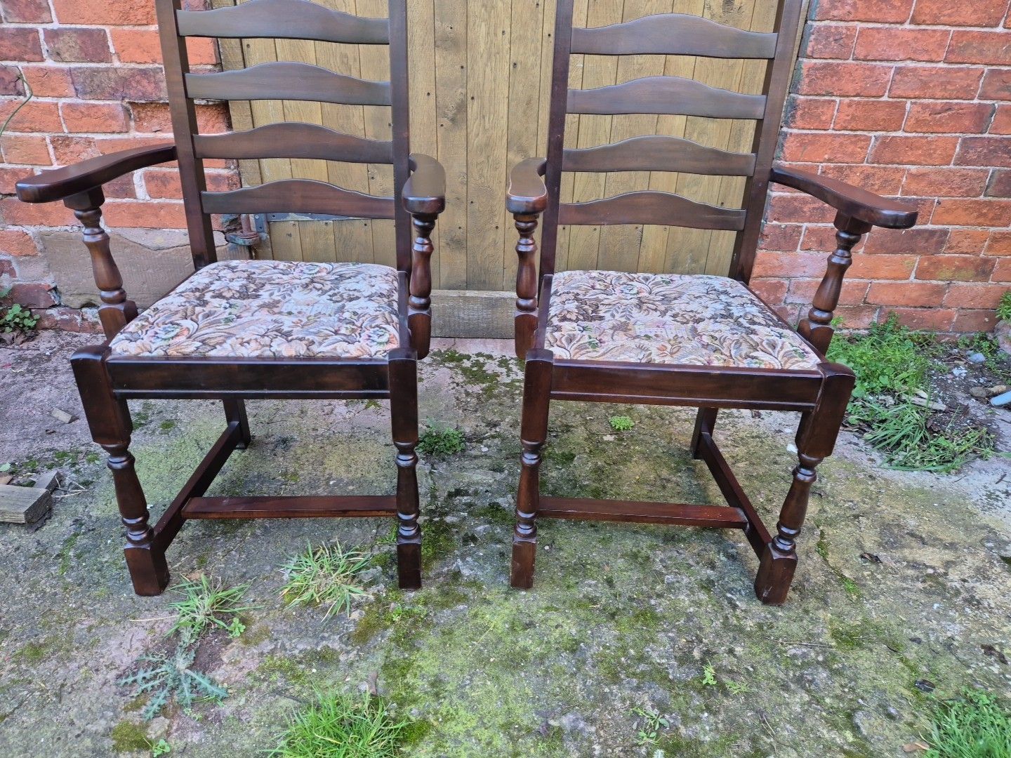Pair Of Ladderback "Old Charm" Style Oak Carver Chairs With Tapestry Seats photo Furniture