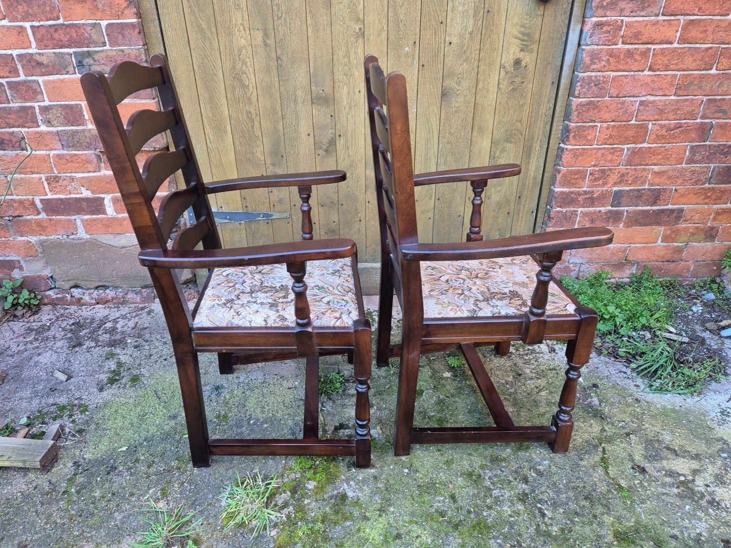Pair Of Ladderback "Old Charm" Style Oak Carver Chairs With Tapestry Seats photo buy