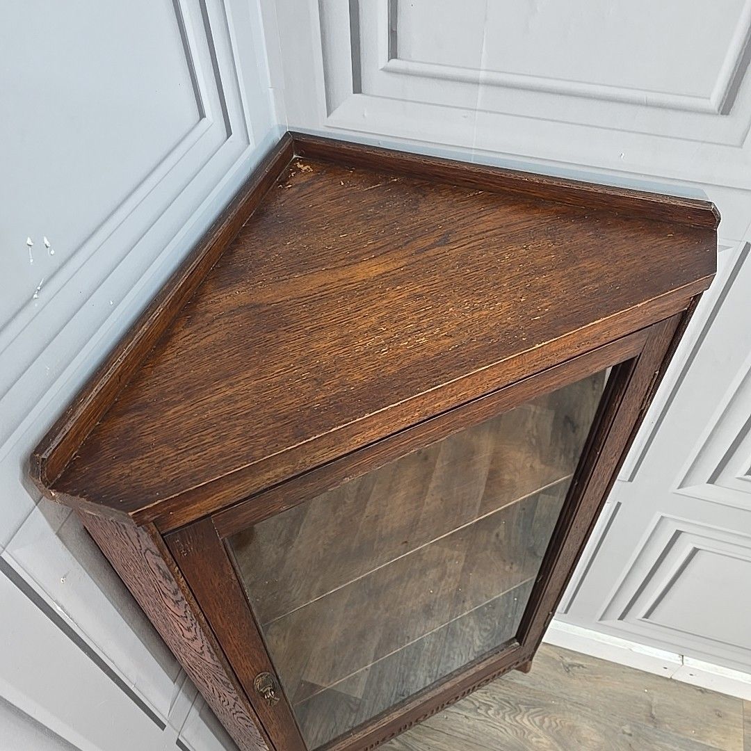 photo vinterior Antique Oak Corner Cabinet Glazed Door Display Shelves Cupboard Solid Wood