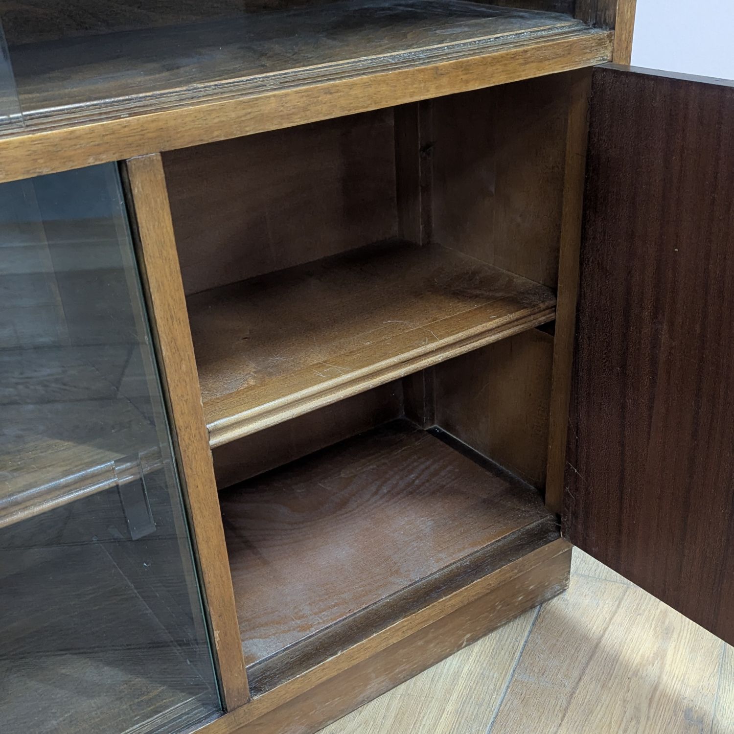 245.0 Vintage 1950s Oak Glazed Bookcase Cabinet photo