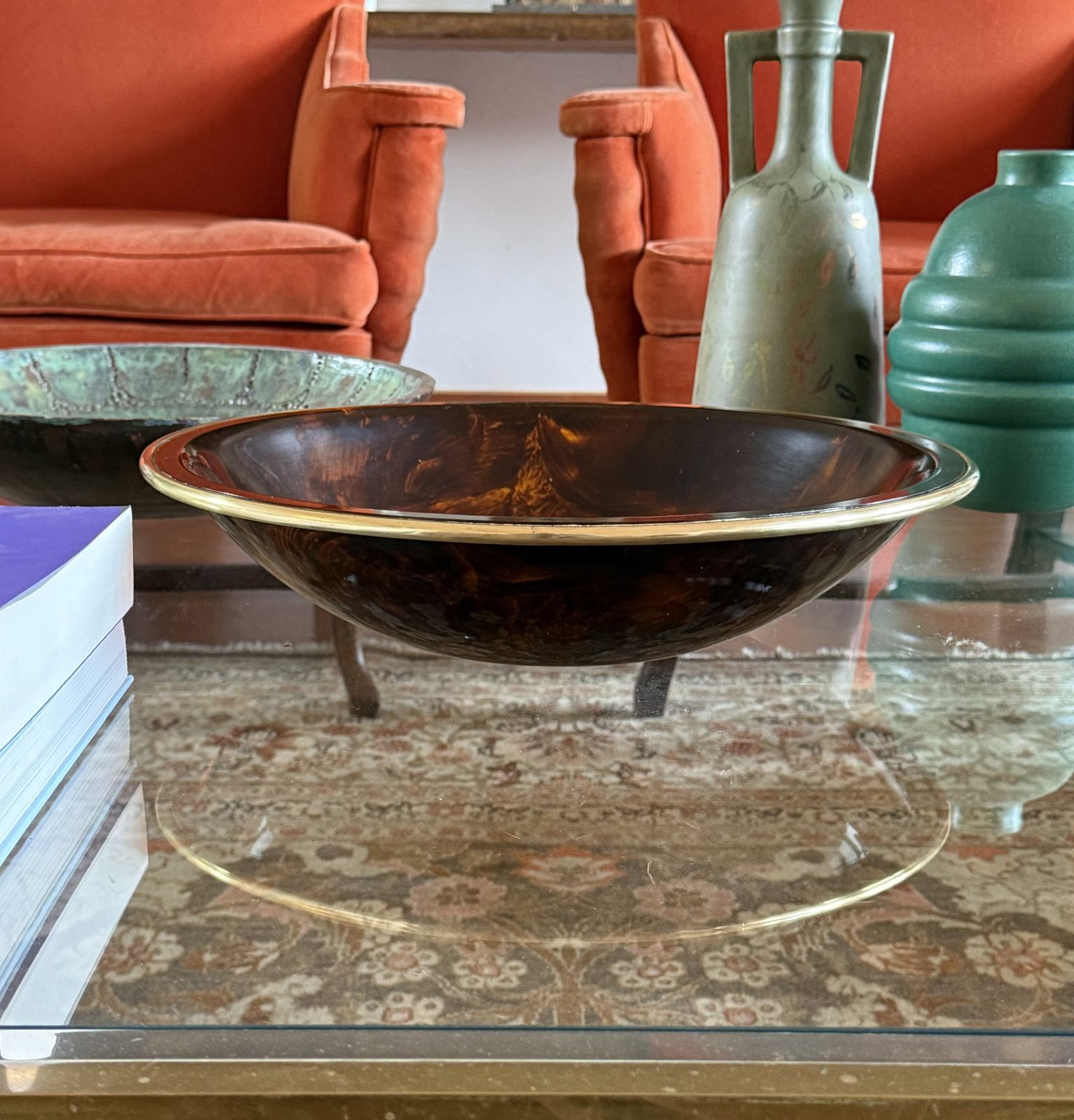 Hollywood Regency Brass And Tortoiseshell Lucite Bowl / Centerpiece, Italy 1970s photo vintage
