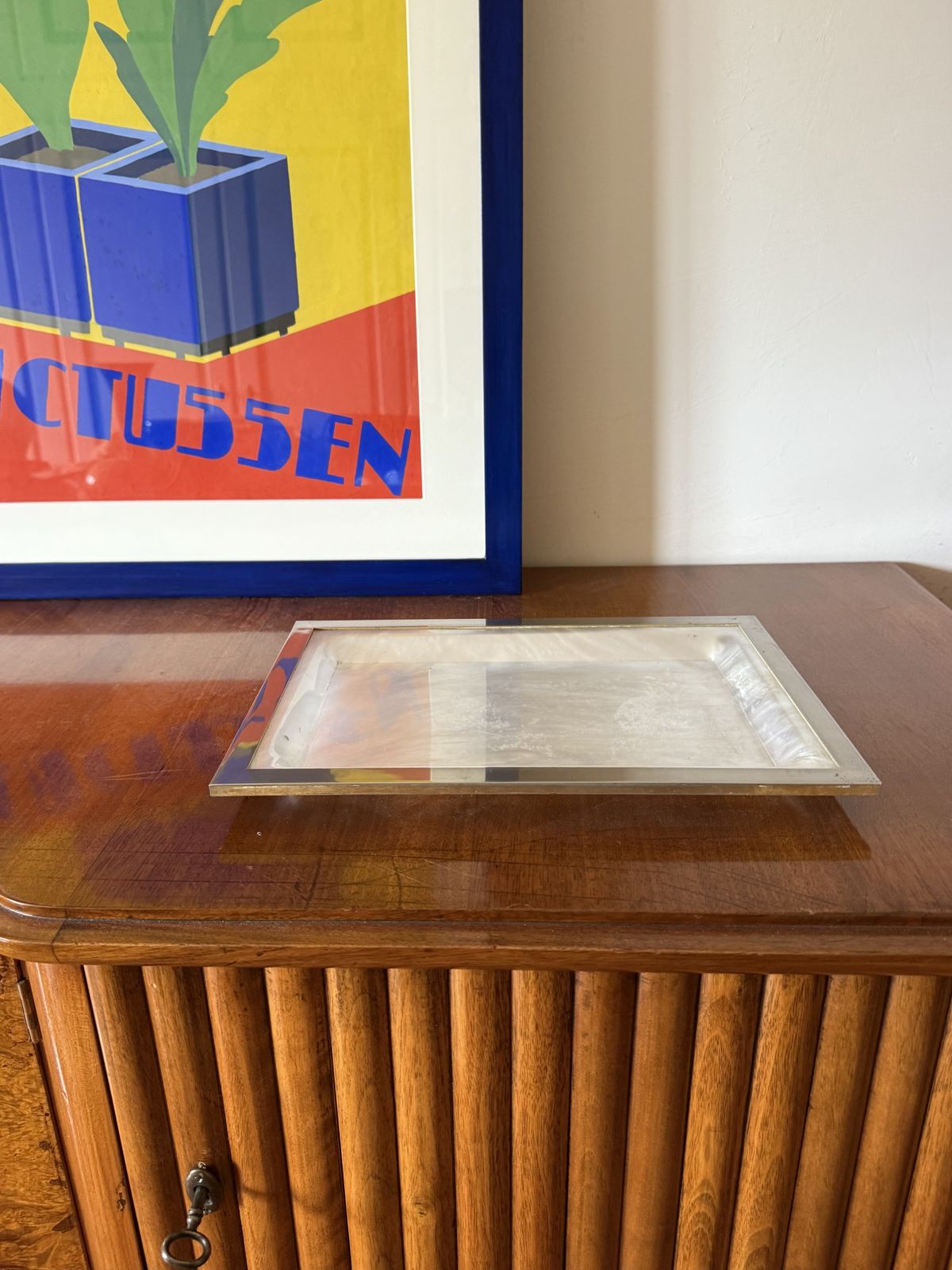 Hollywood Regency Brass And Faux Mother Of Pearl Lucite Tray, Italy 1970s photo for sale