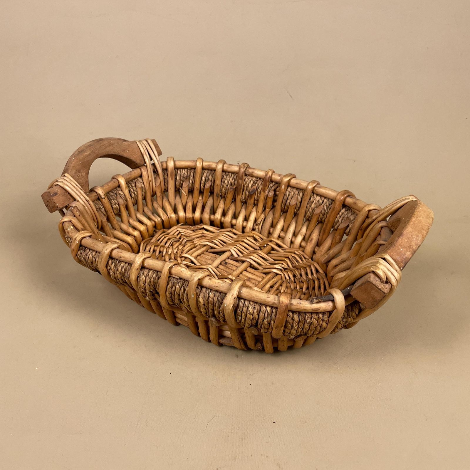 Small Oval Wicker Basket Display Tray With Wood Handles Rustic Cottage Farmhouse Decor Boho Decorative