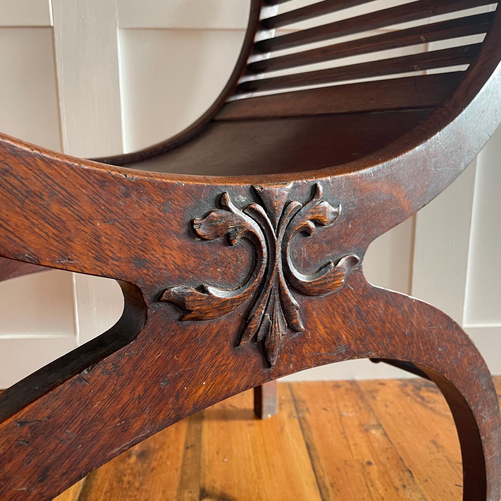 Curved Wooden Curule Chair Antique Mahogany Wood X Frame Stool Early 1900's Decorative Accent Seat Edwardian English Style photo buy