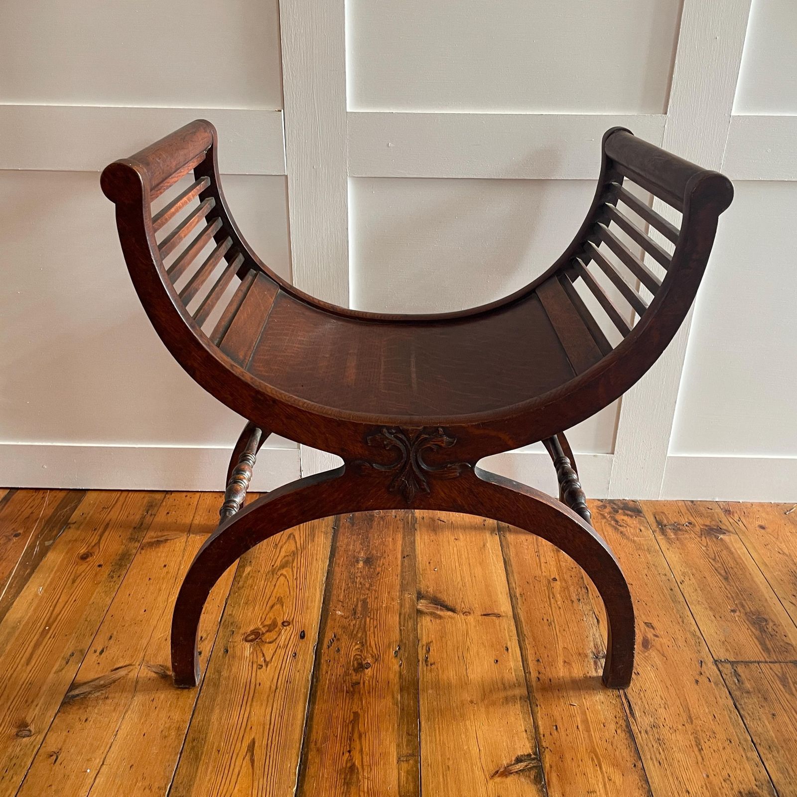Curved Wooden Curule Chair Antique Mahogany Wood X Frame Stool Early 1900's Decorative Accent Seat Edwardian English Style photo vintage