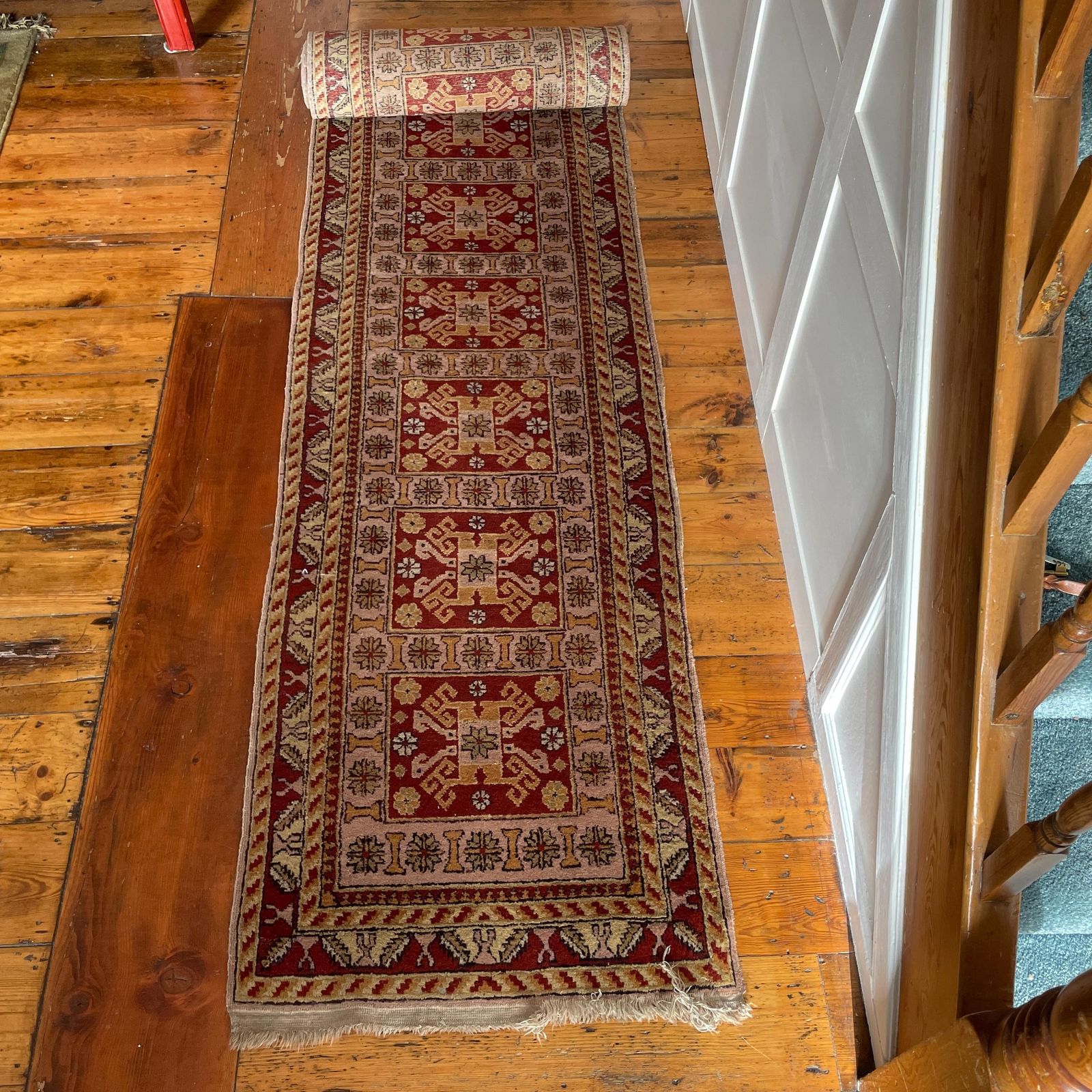 Antique Style Runner Rug Wool Hallway Vintage Oriental Soft Pink Red 4 Meters Geometric Tassels Handmade Wool Narrow Entryway