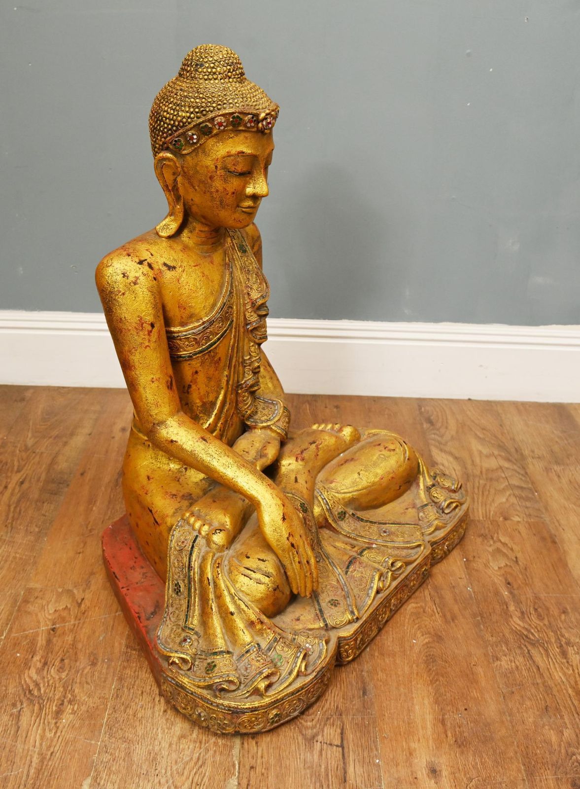 Carved Thai Gilt Wooden Buddha Figure Lotus Pose Buddhist Statue Art photo 1150.0
