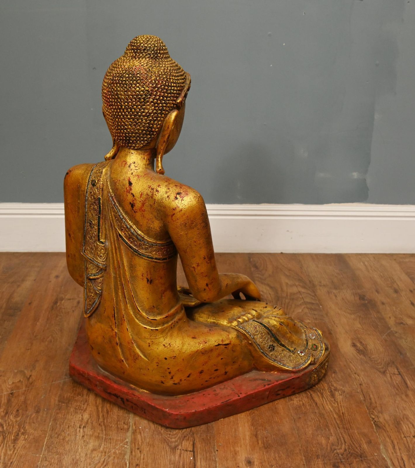 Carved Thai Gilt Wooden Buddha Figure Lotus Pose Buddhist Statue Art photo vinterior