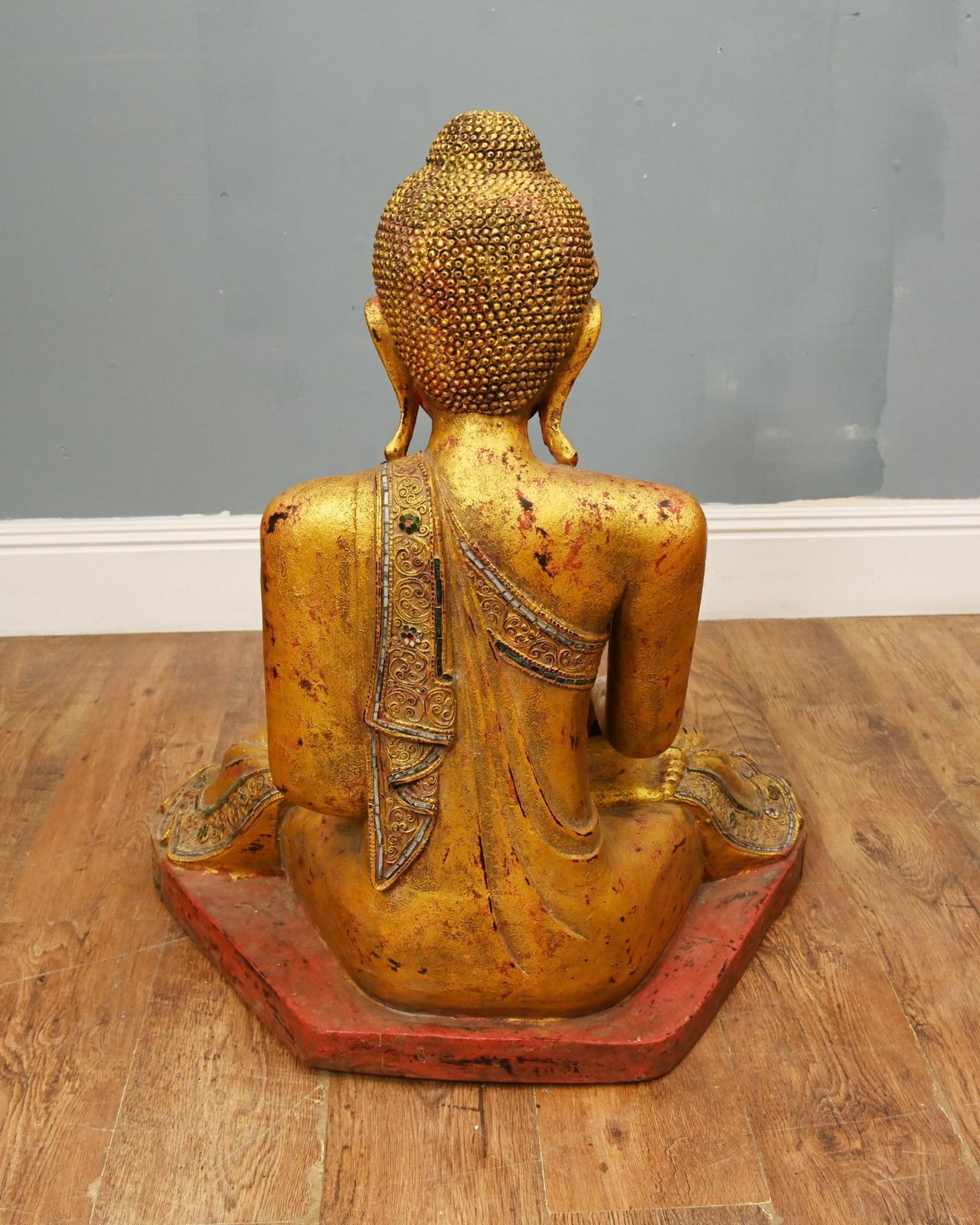 photo for sale Carved Thai Gilt Wooden Buddha Figure Lotus Pose Buddhist Statue Art