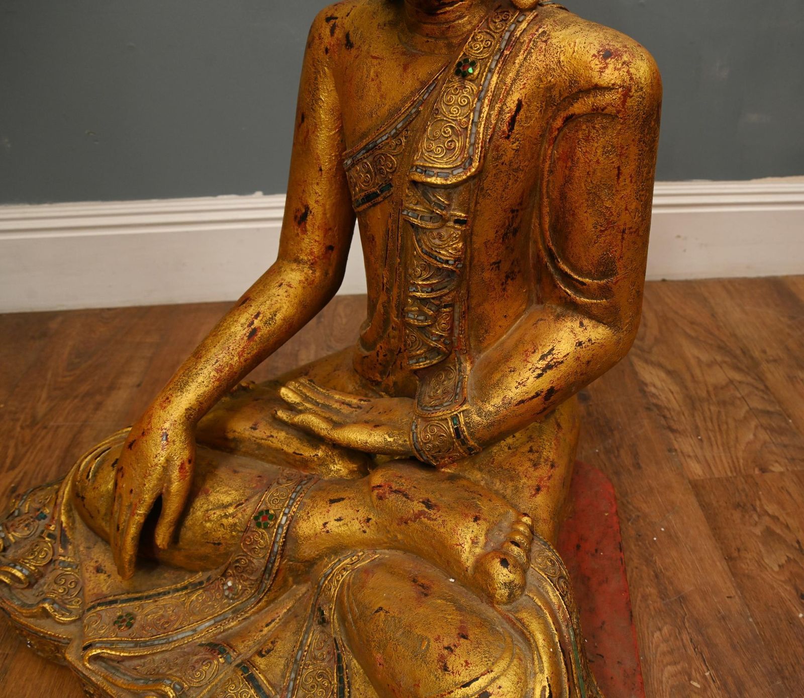 1150.0 Carved Thai Gilt Wooden Buddha Figure Lotus Pose Buddhist Statue Art photo