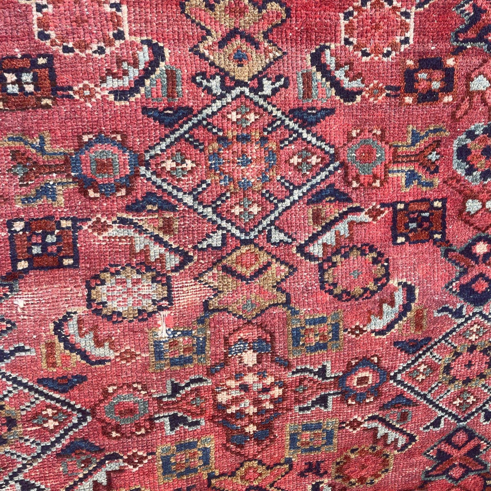 Antique Rug Tribal Hand Knotted Red Navy Blue Hallway Area Carpet Middle Eastern Handwoven Geometric photo 395.0