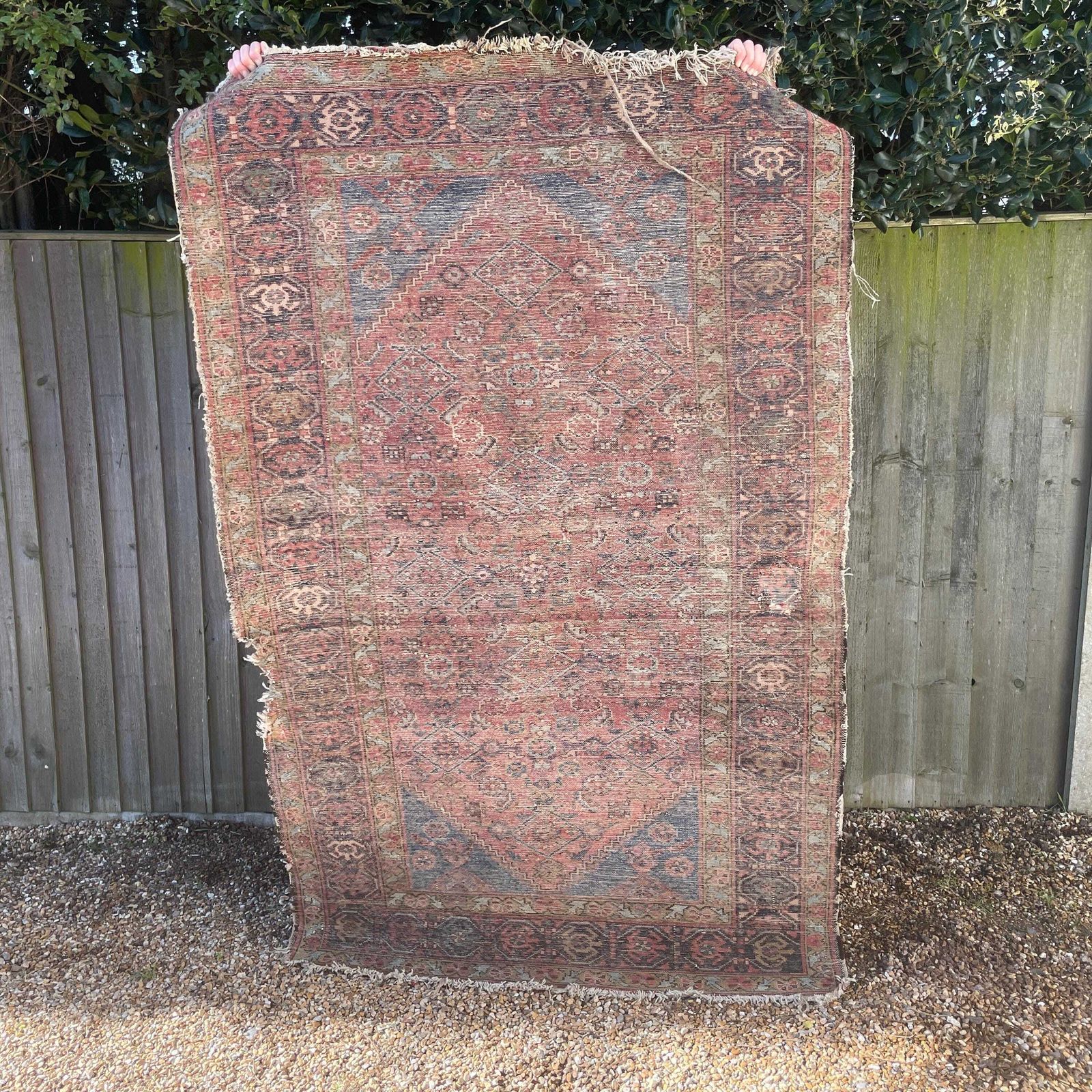 photo for sale Antique Rug Tribal Hand Knotted Red Navy Blue Hallway Area Carpet Middle Eastern Handwoven Geometric