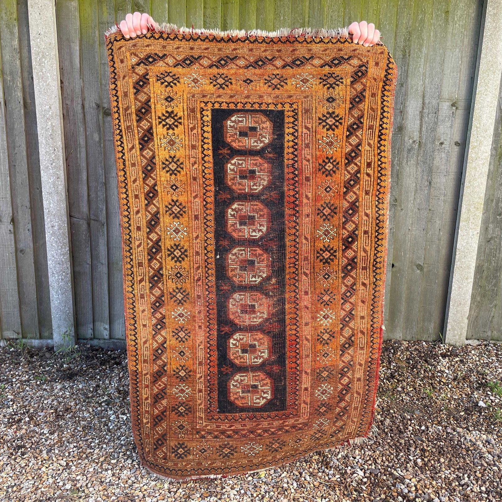 Middle Eastern Wool Rug Hand Knotted Orange Brown Geometric Patter Small Area Carpet Low Pile Hallway Bedroom Living Room photo for sale