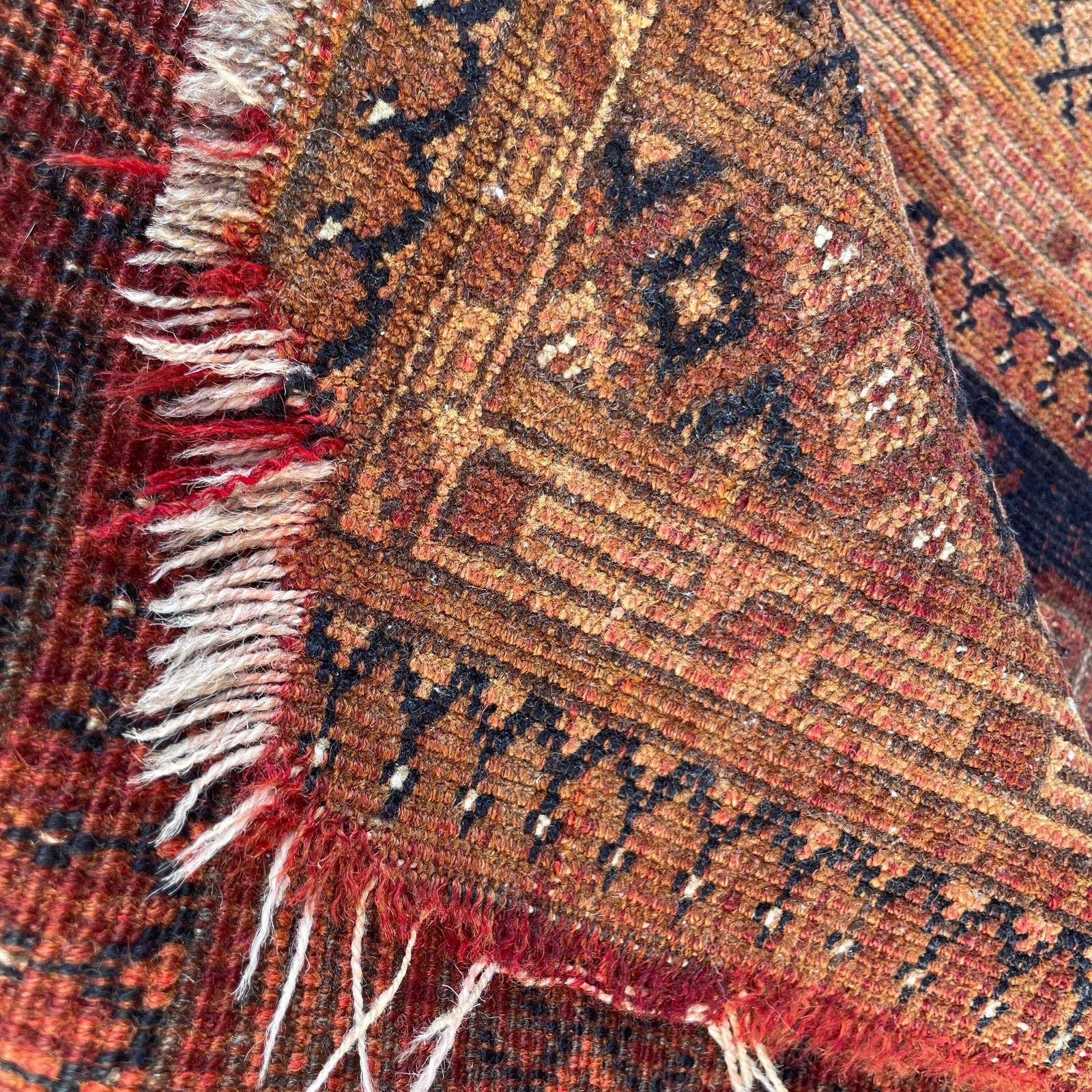Textiles Middle Eastern Wool Rug Hand Knotted Orange Brown Geometric Patter Small Area Carpet Low Pile Hallway Bedroom Living Room photo