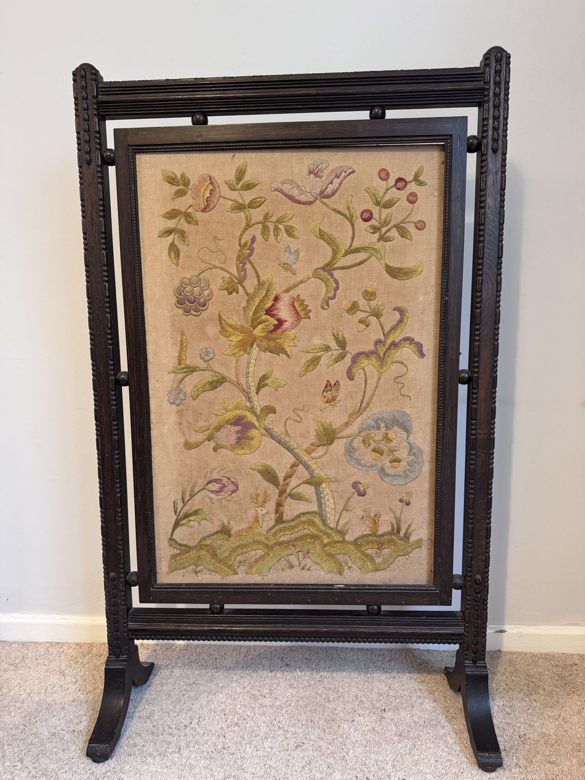 Antique Silk Embroidered Wooden Firescreen
