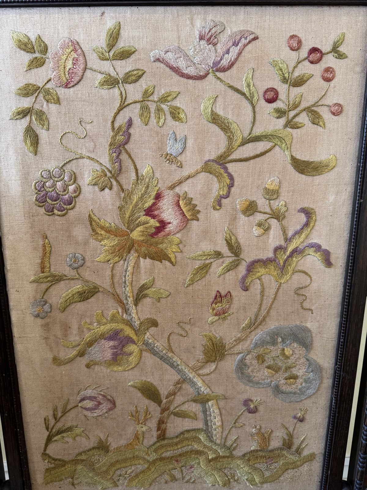 Antique Silk Embroidered Wooden Firescreen photo vintage