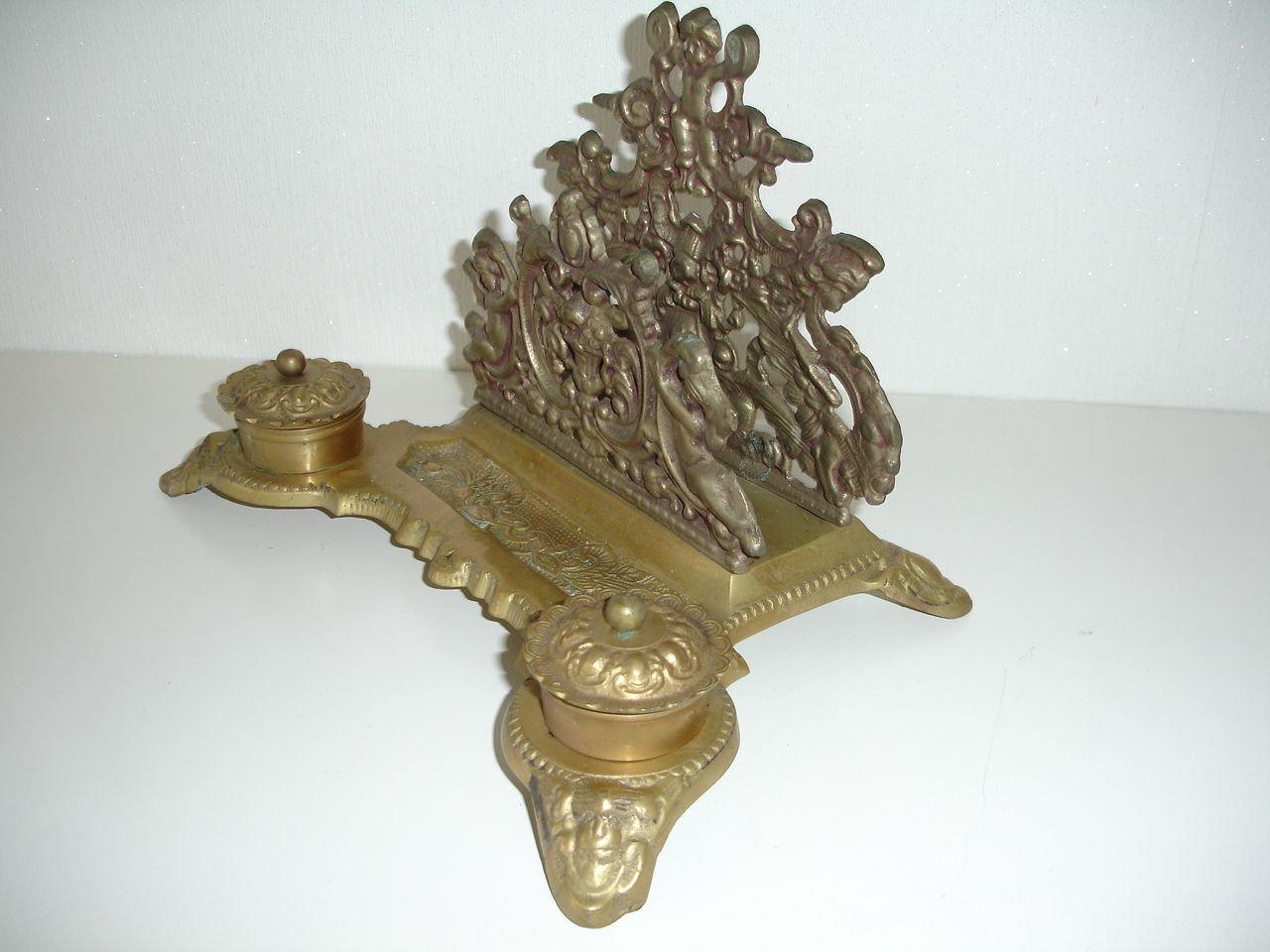 Cherub Letter Rack Brass Baroque French Desk Tidy Metal Pen Holder 2 Inkwells photo buy